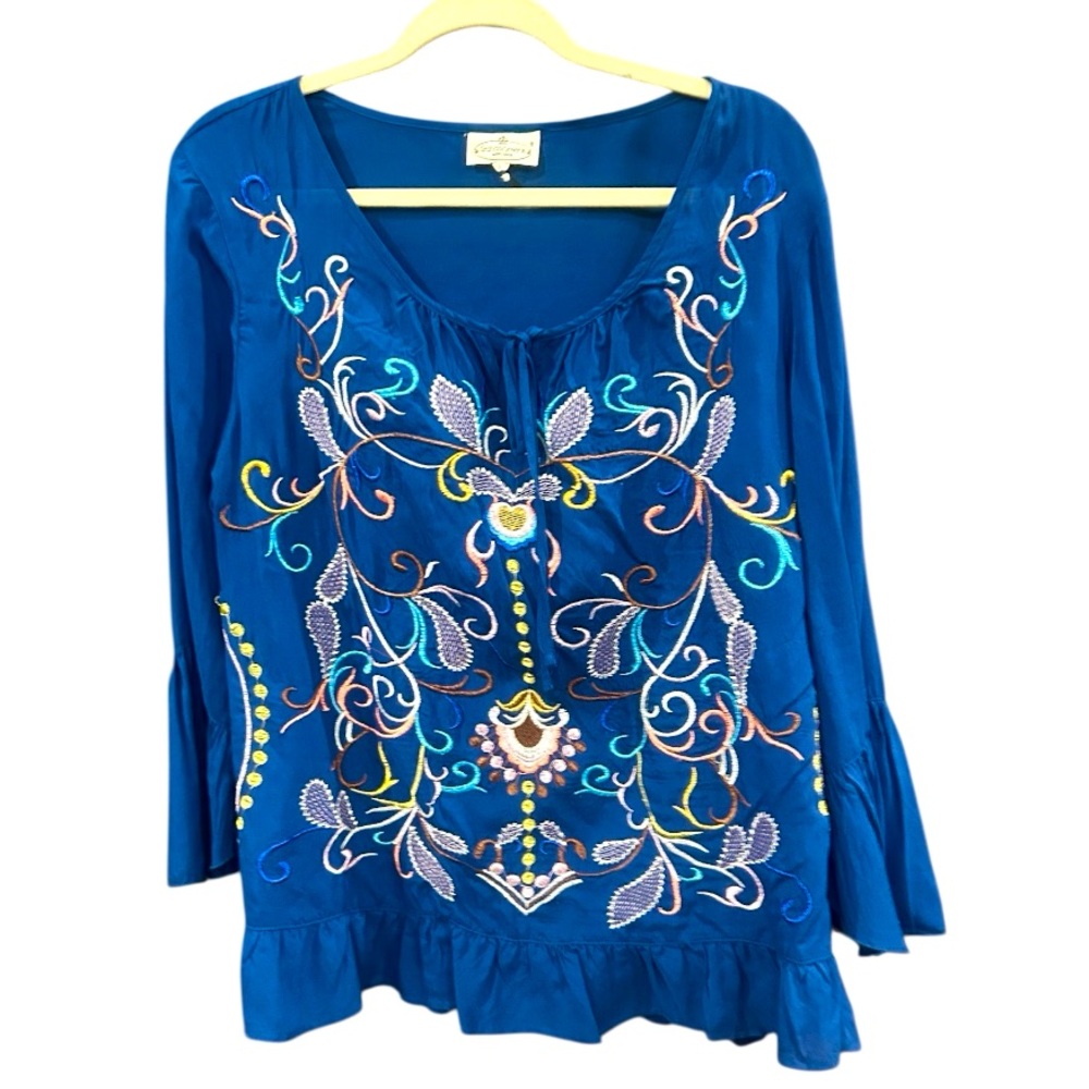 Grand & Greene Navy Blue Embroidered Peasant Boho  Top Size L